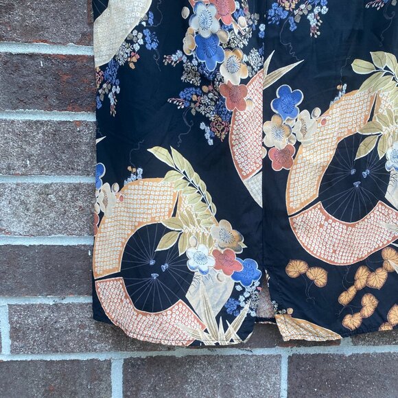 Vintage Clio Skirt Sz 10 Black Floral Umbrella Print Midi Asian Inspired Boho - Picture 9 of 14